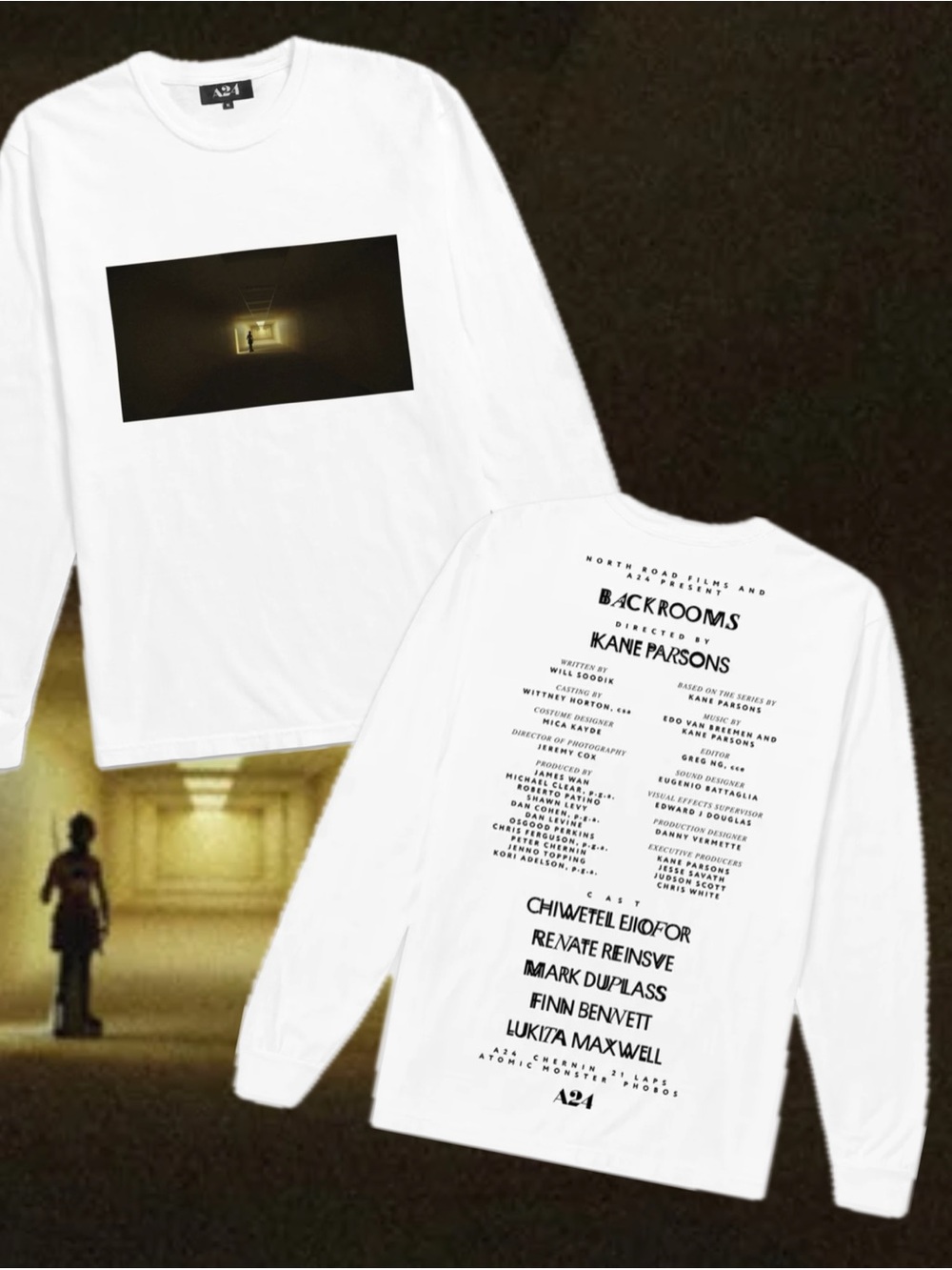 A24 Backrooms Credits Long Sleeve Shirt Kane Parsons White Horror Merch NWT XL